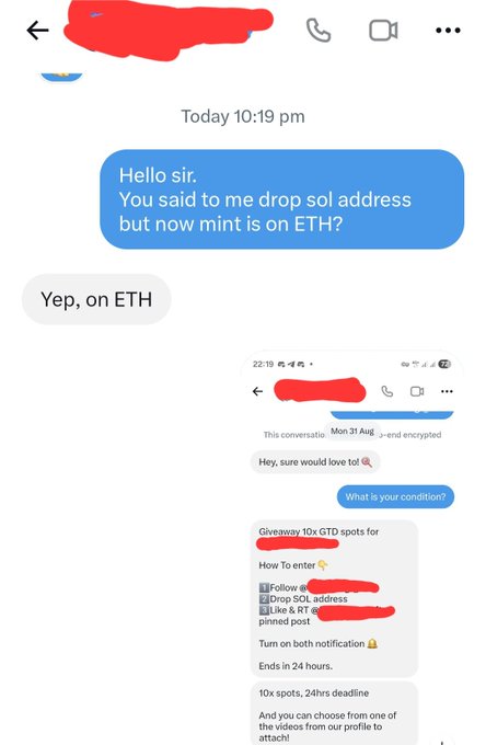 A screenshot of a direct message conversation discusses an ETH giveaway for 10x GTD spots, with instructions to follow an account, drop a SOL address, and like a pinned post.
