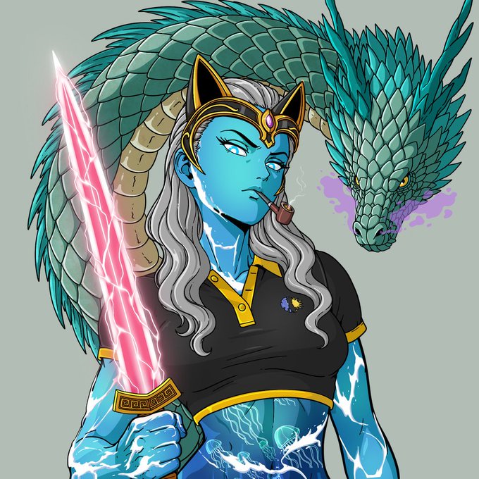 A blue-skinned goddess figure with cat ears and long silver hair wields a glowing pink sword alongside a massive scaled dragon companion, embodying the regal feline deity referenced by her ornate golden headpiece. Her contemplative pose with a smoking pipe and the cosmic emblem on her shirt reflect the majestic, otherworldly essence of Bastet's Diadem.