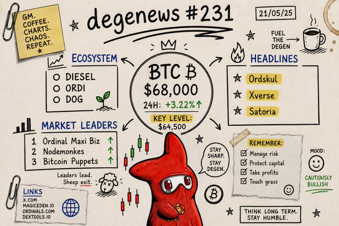 This hand-drawn "degenews #231" newsletter (dated 21/05/25) features Bitcoin at $68,000 (+3.22% 24H) with a key level of $64,500, and highlights ecosystem tokens $DIESEL, $ORDI, and $DOG, along with market leaders "Ordinal Maxi Biz," "Nodemonkes," and "Bitcoin Puppets," matching the post's focus on Bitcoin and Ordinals coverage.