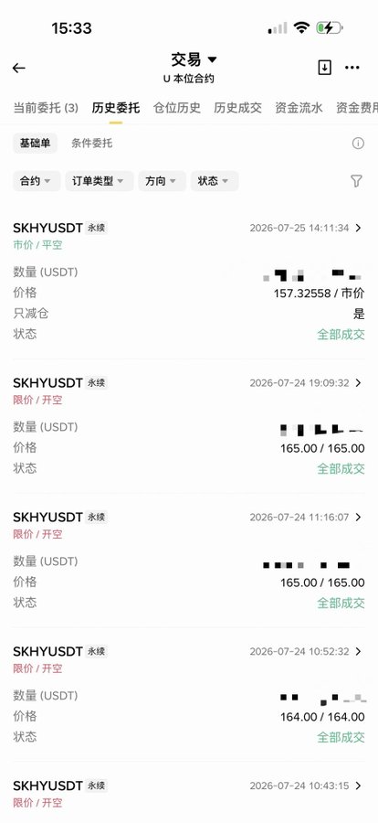 A screenshot of a mobile trading app displaying the "历史委托" (Historical Orders) page under U本位合约 (USDT-margined contracts) for SKHYUSDT perpetual contracts, showing a series of limit sell/short orders placed between 2026-07-24 and 2026-07-25 at prices ranging from 157.32 to 165.00 USDT, with a note indicating "只减仓" (reduce-only) orders. The image relates to the post about ADR drops potentially being caused by absorption from Changxin (长鑫), as the user appears to be trading SK Hynix (SKHY) related contracts—likely shorting to hedge ADR losses attributed to CXMT (长鑫) competition.