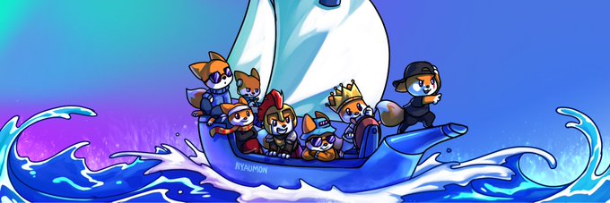 A group of adorable fox characters are sailing on a boat in the ocean, with "NYAUMON" written on the side of the boat. The image visually represents the accompanying post's theme of embarking on a new adventure at sea.