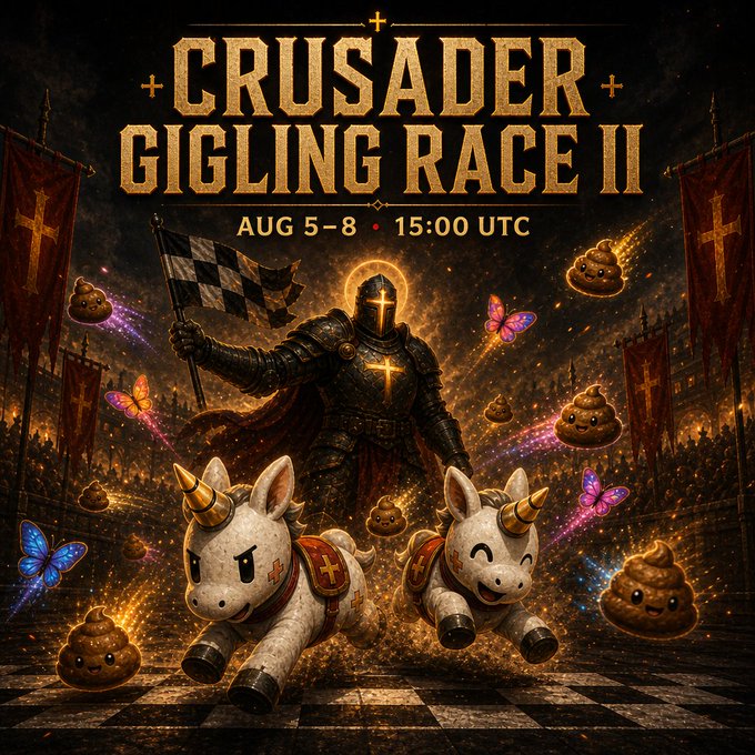 The image is a promotional graphic for "CRUSADER GIGLING RACE II" dated AUG 5-8, 15:00 UTC, featuring an armored knight holding a checkered flag alongside two cute unicorn figurines surrounded by butterflies and smiling poop emojis. The post announces the winners of this event, listing top participants who won prizes like MOG Keys and Gigabattler Plasma Cells, aligning with the medieval racing theme depicted in the artwork.