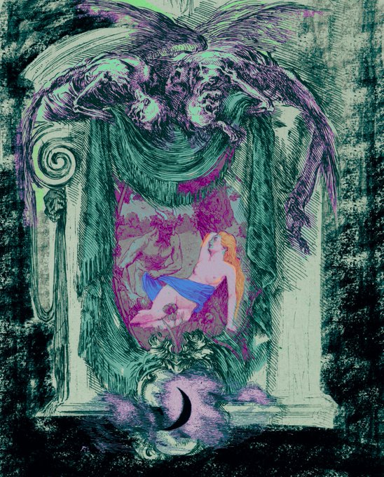 An artistic illustration featuring a dark winged creature above classical columns, with figures including a reclining nude woman and a crescent moon at the bottom, rendered in green and purple tones.