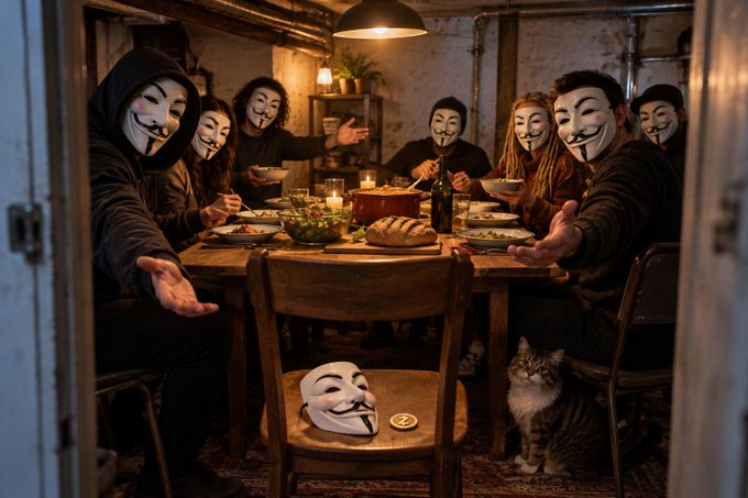 A group of people wearing Guy Fawkes (Anonymous) masks gather around a dimly lit dinner table sharing a meal, with a cat sitting nearby and an extra mask resting on a chair.