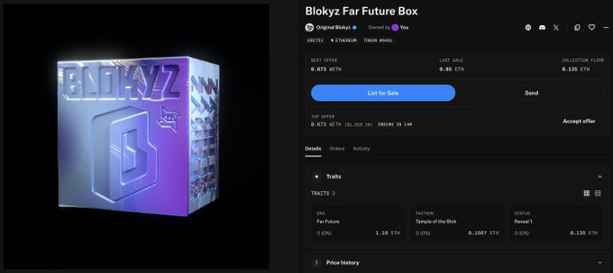An NFT marketplace listing for "Blokyz Far Future Box" by Original Blokyz, showing a 3D metallic box with "BLOKYZ" text and pricing in ETH.