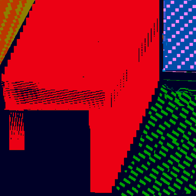 An abstract pixel art composition featuring large blocks of red, dark navy, and green crosshatch patterns with a blue and pink dotted area in the upper right.