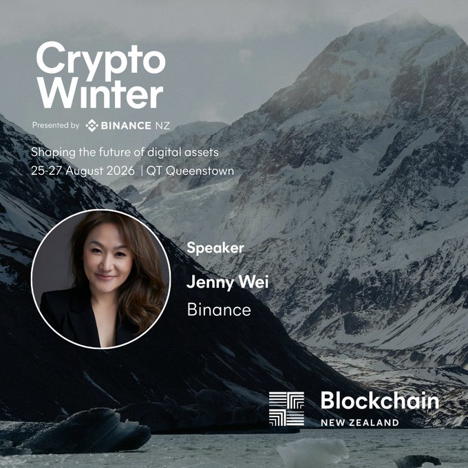 A promotional graphic for "Crypto Winter" (presented by Binance NZ) features a snow-covered mountain backdrop and announces Jenny Wei of Binance as a speaker at the August 25-27, 2026 event at QT Queenstown, with the Blockchain New Zealand logo displayed. The image visually reinforces the post's announcement of Jenny Wei's participation in the conference themed around "Shaping the future of digital assets."