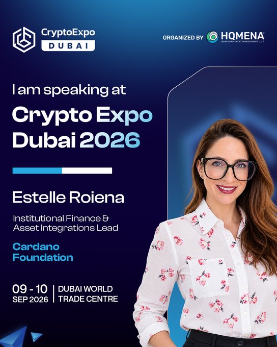 A promotional graphic for Crypto Expo Dubai 2026 featuring speaker Estelle Roiena, Institutional Finance & Asset Integrations Lead at the Cardano Foundation, with event details for September 9-10 at the Dubai World Trade Centre.