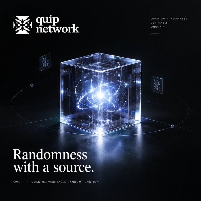 A promotional image for 'quip network' featuring 'Randomness with a source' tagline, showcasing a glowing blue 3D cube with an atom-like structure inside, advertising 'Quantum Randomness Verifiable Onchain' and 'QVRF - Quantum Verifiable Random Function'.