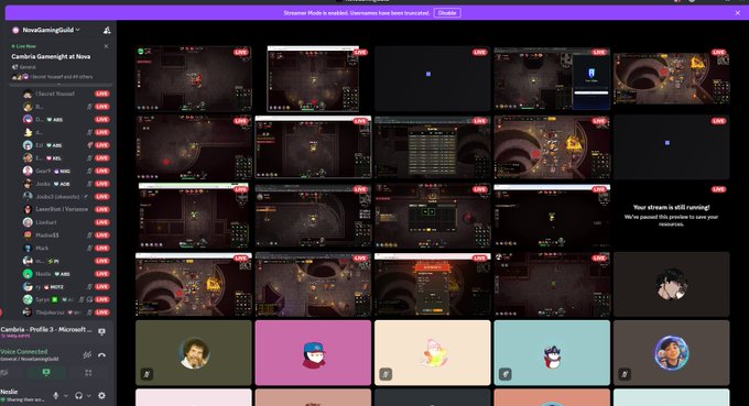 The image depicts a computer screen with various videos playing, possibly representing different game scenes or characters within a game called "Cambria Dungeon Gamenight" by "@Nova GamingGuild". The games are displayed across several screens, including one being the main focus in the center of the image. The caption reads: "Cambria Dungeon Gamenight by @NovaGamingGuild is happening RIGHT NOW They’re also giving away Cambria raffle keys during the event Come join the chaos and dungeon runs".