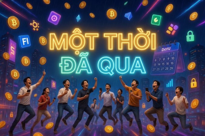 A vibrant AI-generated image showing people celebrating amid falling cryptocurrency coins (including Bitcoin) with a neon sign reading "MỘT THỜI ĐÃ QUA" (Vietnamese for "Once upon a time") and a "DefU" calendar.
