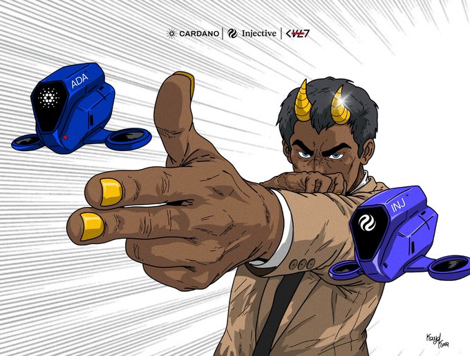 An anime-style illustration featuring a character with horns extending their hand toward the viewer, alongside blue robotic devices labeled 'ADA' (Cardano) and 'INJ' (Injective), with logos for Cardano, Injective, and W3G at the top.