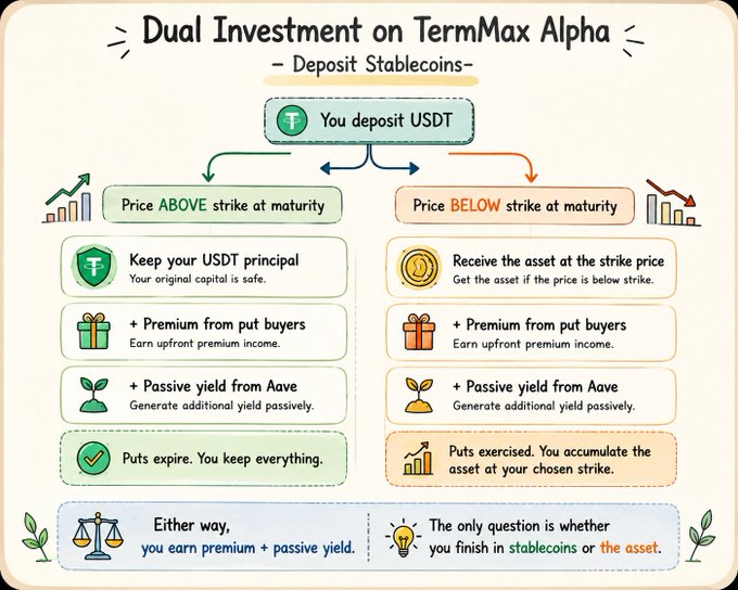 **Caption:** An infographic explaining TermMax Alpha's "Dual Investment" structure, where users deposit USDT and earn from two sources—premiums from put buyers and passive Aave yield—ending either in stablecoins (if price stays above strike) or the underlying asset (if price drops below strike).

**Connection to the post:** The visual directly illustrates the poster's point that yield is "defined upfront" by breaking down the two revenue streams (put premiums + Aave passive yield) and clarifying the binary maturity outcomes—reinforcing how the product delivers predictable, structured returns rather than speculative yield.