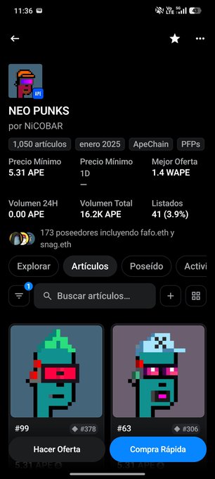 Screenshot of a mobile app displaying the NEO PUNKS NFT collection by NICOBAR on ApeChain, showing 1,050 items, minimum prices in APE, and 24-hour volume statistics.