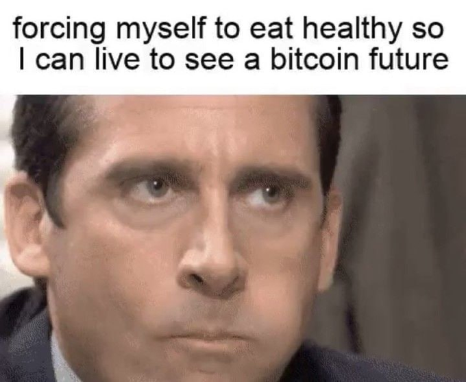 A meme featuring Michael Scott from The Office looking skeptical, captioned 'forcing myself to eat healthy so I can live to see a bitcoin future'.