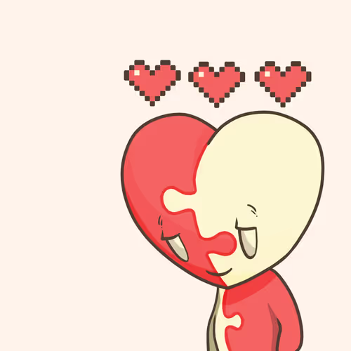 A minimalist illustration of a heart-shaped character that is half red and half cream with a face, with three pixelated red hearts floating above it.