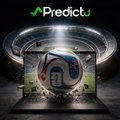 The image shows a promotional graphic for "PredictU" featuring a stylized soccer/football stadium with a glowing pitch and the @predictucom handle at the top. It relates to the post by highlighting PredictU as a unified platform that aggregates both Polymarket and Kalshi prediction markets, visually emphasizing its role as a central hub for tracking market-moving activity.