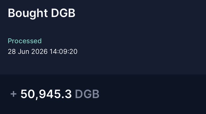 A cryptocurrency transaction confirmation screen showing 'Bought DGB', processed on 28 Jun 2026 14:09:20, for +50,945.3 DGB.