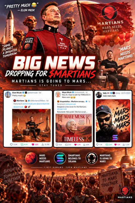 A promotional graphic for 'MARTIANS' featuring Elon Musk with text 'BIG NEWS DROPPING FOR $MARTIANS' and mockups of social media posts about Mars colonization.