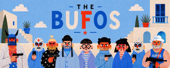 Promotional artwork titled 'THE BUFOS' featuring a lineup of cartoon characters with various facial designs, some holding guns, in front of a stylized city background.