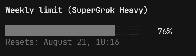 A usage meter showing Grok at 76% consumption with 2 days until reset, reinforcing the post's claim of heavy but sustainable token usage while running multiple Grok services like Grok Build, Bots, and Voice 24/7.