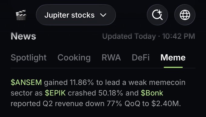 A news app screenshot showing crypto news under the 'Meme' category, with the headline: '$ANSEM gained 11.86% to lead a weak memecoin sector as $EPIK crashed 50.18% and $Bonk reported Q2 revenue down 77% QoQ to $2.40M.'