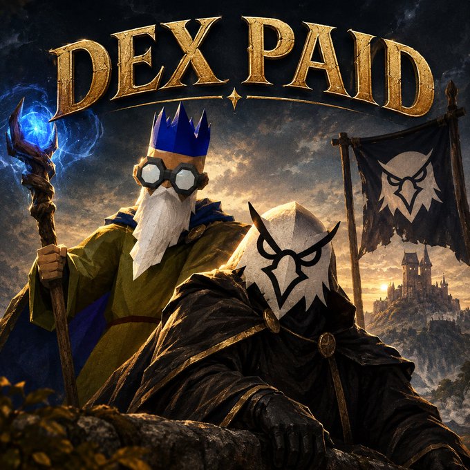 The image features the stylized text "DEX PAID" above an elderly wizard with a blue crown and goggles holding a glowing staff, standing alongside a hooded, masked figure with a flag bearing a bird emblem, set against a fantasy castle backdrop—visually reinforcing the post's declaration of "Dex Paid."