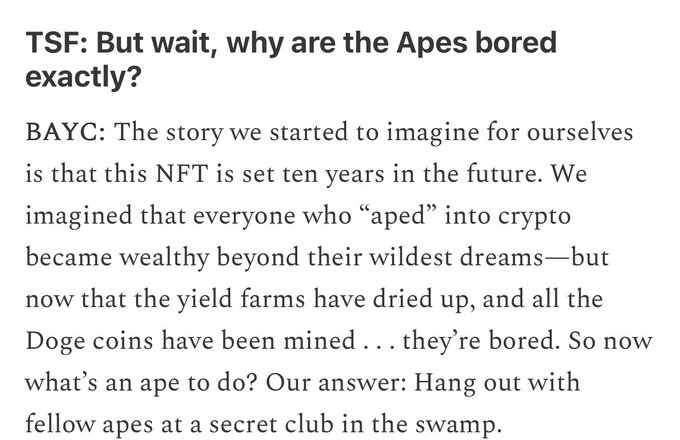 A text excerpt titled 'TSF: But wait, why are the Apes bored exactly?' featuring a Q&A with BAYC about their NFT storyline set ten years in the future involving wealthy crypto enthusiasts gathering at a secret club in the swamp.