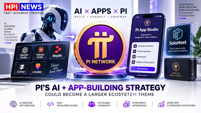 An HPI News promotional graphic for Pi Network's 'AI × APPS × PI' strategy, featuring logos for OpenAI Codex, Claude Code, Replit, Cursor, and Lovable, with the Pi coin prominently displayed.