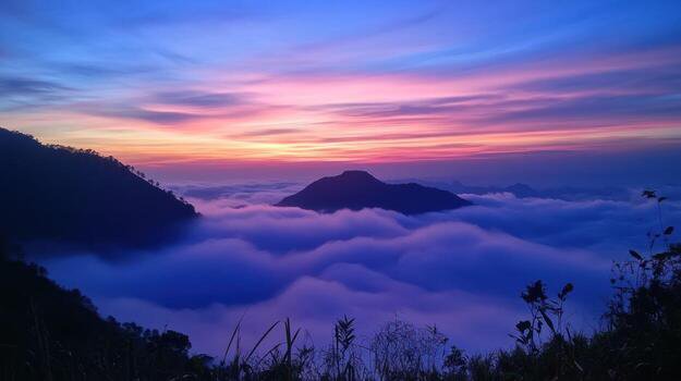 A breathtaking landscape photograph of a sea of clouds beneath a vibrant purple and orange sunset sky, with mountain peaks emerging from the fog.