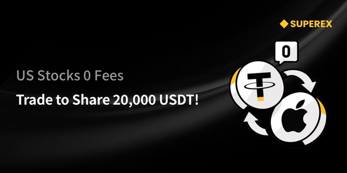 A promotional graphic for 'SUPEREX' advertising 'US Stocks 0 Fees' and 'Trade to Share 20,000 USDT!' alongside icons of the USDT and Apple logos.