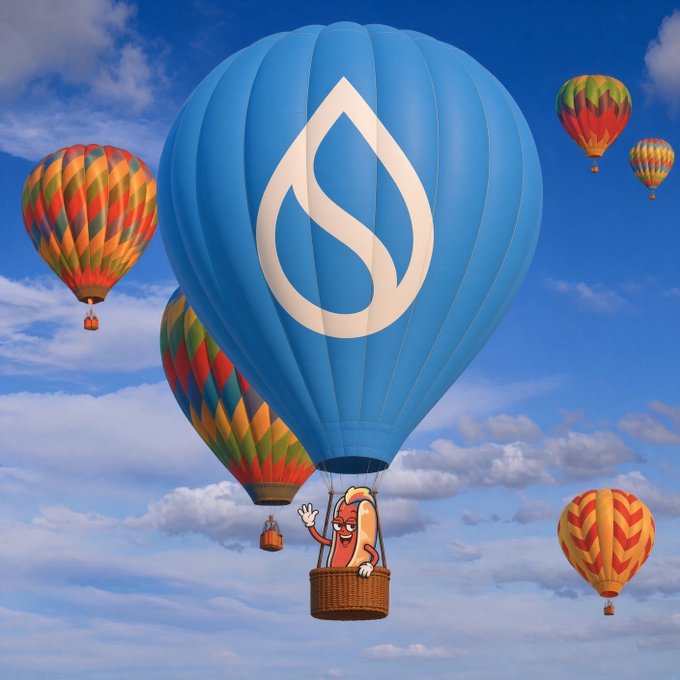 A promotional graphic featuring the blue Sui cryptocurrency logo on a large hot air balloon, with a cartoon hot dog mascot waving from the basket among other colorful balloons in a cloudy sky.