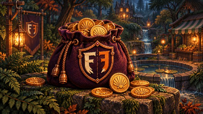 A treasure chest overflowing with gold coins and emblazoned with the "FJ" emblem sits in an enchanted forest village, visually representing the $9K fee reinvestment into $SHELL liquidity and the growth of the ecosystem's economy.