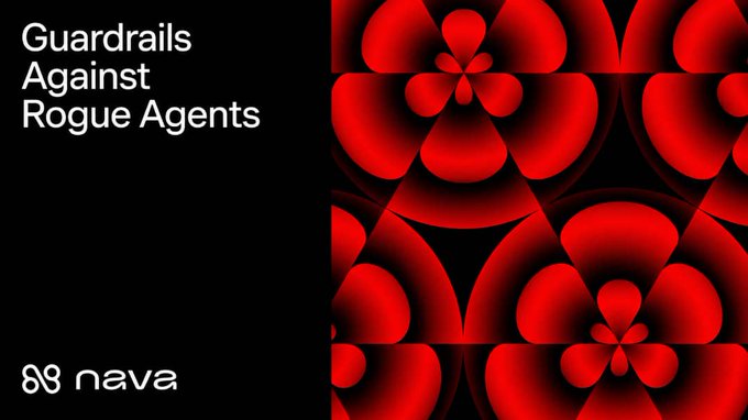 A graphic with the text 'Guardrails Against Rogue Agents' next to a red geometric pattern, branded with the 'nava' logo in the bottom corner.