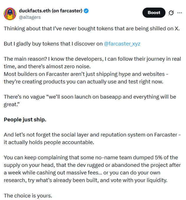 A Twitter/X post by duckfacts.eth (@altagers) discussing why they prefer buying tokens discovered on Farcaster over X, praising the platform for shipping real products and holding developers accountable.