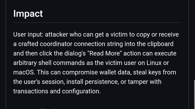 The image displays an "Impact" section describing a vulnerability where an attacker who tricks a victim into copying a crafted coordinator connection string and clicking the "Read More" dialog can execute arbitrary shell commands on Linux or macOS. This illustrates the severity of the Wasabi Wallet backdoor mentioned in the post, which could compromise wallet data, steal keys, and tamper with transactions.