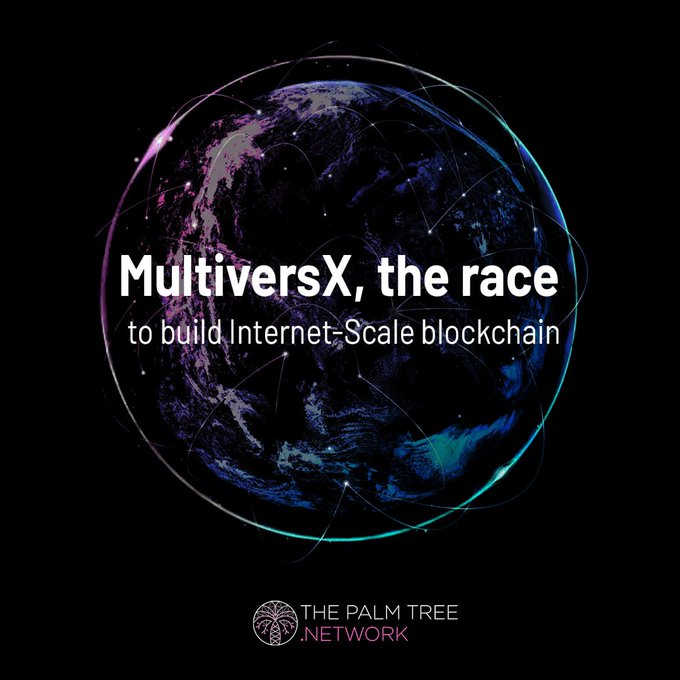 The image features a globe with text that reads "MultiversX, the race to build internet-scale blockchain" written in white letters against a black background. The text also includes a small logo of a palm tree.