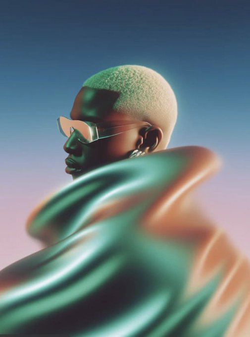 A stylized portrait features a person with short, light-colored hair wearing reflective sunglasses, set against a gradient blue and pink background with flowing, iridescent teal and copper fabric.