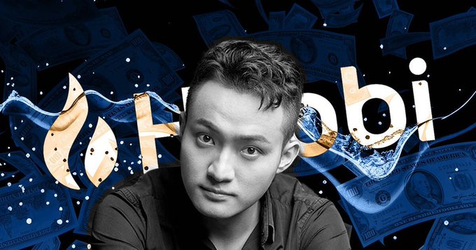 A black-and-white portrait of a young man is centered against a blue background scattered with floating US dollar bills, with the text "H...obi" partially visible behind him. The post discusses the European Union's sanctions package banning transactions with 14 crypto exchanges including HTX, connecting to the image's prominent display of the exchange's name alongside the financial backdrop.