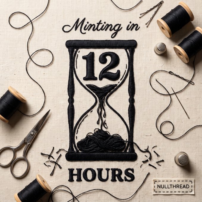 The image shows embroidery on cream fabric featuring an hourglass with the number "12" in the sand, along with the text "Minting in 12 HOURS," surrounded by sewing tools like thread spools, scissors, and needles, with a "NULLTHREAD" label. This visually represents the post's message about an upcoming NFT mint deadline, emphasizing urgency as last-minute submissions arrive but wallet capacity has already been reached.