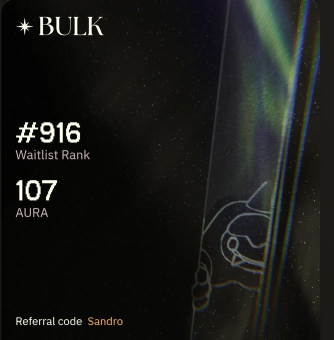 The image shows a black background with white text that reads "Bulk" at the top, followed by "Bulk" again below the number "916". Below these numbers, there's another line of white text that says "107 Aurora". The image also contains an orange and green logo in the bottom right corner. The post is about a distribution event for the second AURA in bulk, with a reference code for Sandro to refer to it.