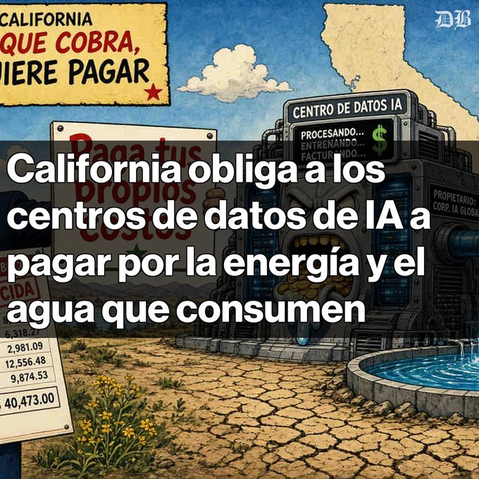 A satirical illustration with text in Spanish stating 'California obliga a los centros de datos de IA a pagar por la energía y el agua que consumen' (California forces AI data centers to pay for the energy and water they consume), showing a data center machine processing and draining water onto cracked earth with a 'Paga tus propios costos' sign.