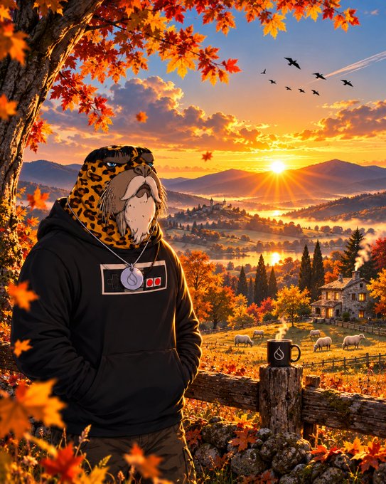 A digital illustration of an anthropomorphic leopard character wearing a black hoodie and a pendant necklace, standing in an autumnal landscape with a sunset, mountains, and a farm in the background.