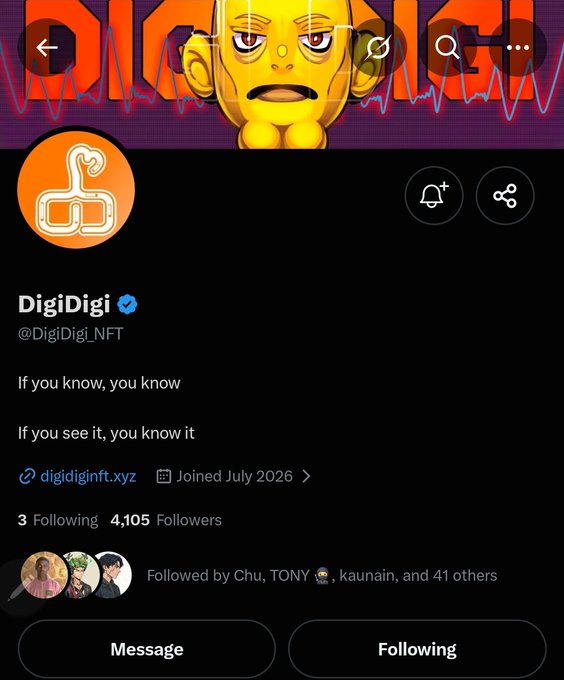 A Twitter/X profile page for 'DigiDigi' (@DigiDigi_NFT) with a verified checkmark, featuring the tagline 'If you know, you know / If you see it, you know it', 4,105 followers, and a link to digidiginft.xyz.