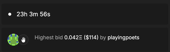 A dark-themed auction interface shows a countdown timer of '23h 3m 56s' and displays the 'Highest bid 0.042Ξ ($114) by playingpoets'.