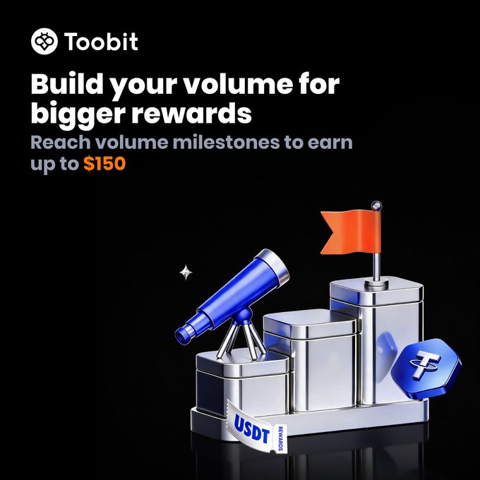 A promotional graphic for Toobit cryptocurrency exchange with the text 'Build your volume for bigger rewards - Reach volume milestones to earn up to $150', featuring a 3D render of a telescope, podium, and USDT tokens.
