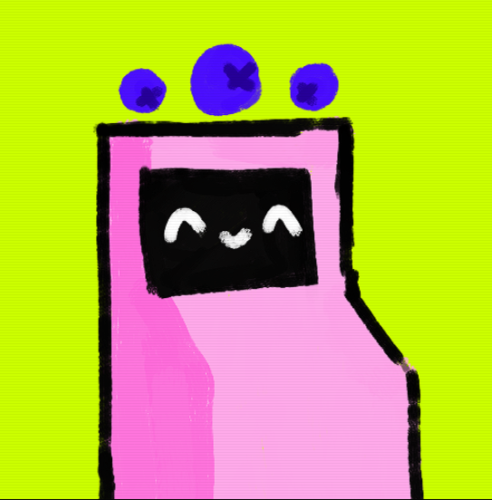 A cheerful pink arcade machine character with a smiling black screen face has three blue berries floating above it, representing "Cotton Candy / Blueberries" #560 from the "BTC Machine" collection, depicted as a cute mascot named Tony pleading for a free mint.