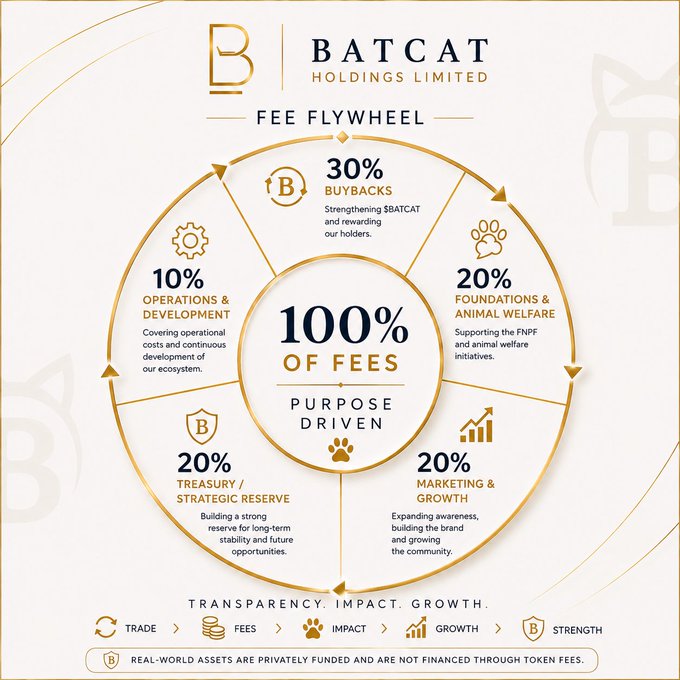 An infographic for 'BATCAT HOLDINGS LIMITED' titled 'FEE FLYWHEEL' showing a circular diagram detailing how 100% of fees are allocated: 30% Buybacks, 20% Foundations & Animal Welfare, 20% Marketing & Growth, 20% Treasury/Strategic Reserve, and 10% Operations & Development.