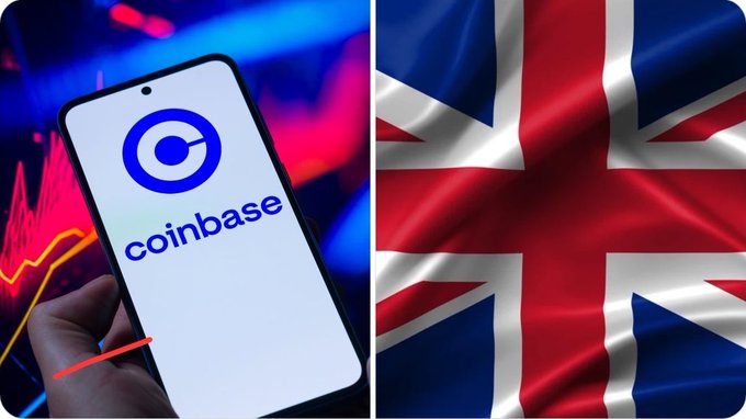 The image is a split composition showing the Coinbase logo on a smartphone screen beside a waving UK flag, visually reinforcing the announcement that Coinbase has launched 24/5 US stock trading for users in the United Kingdom.