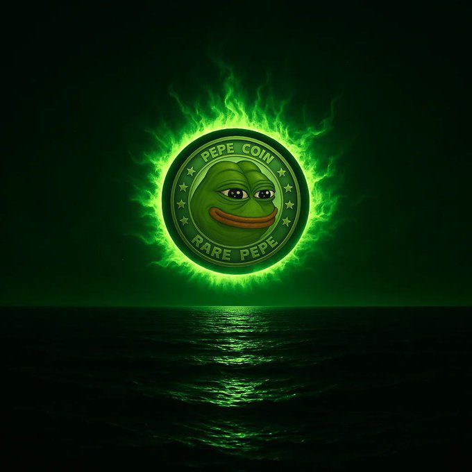 A glowing green coin featuring the Pepe frog character with text 'PEPE COIN' and 'RARE PEPE' radiating green light over a dark ocean.